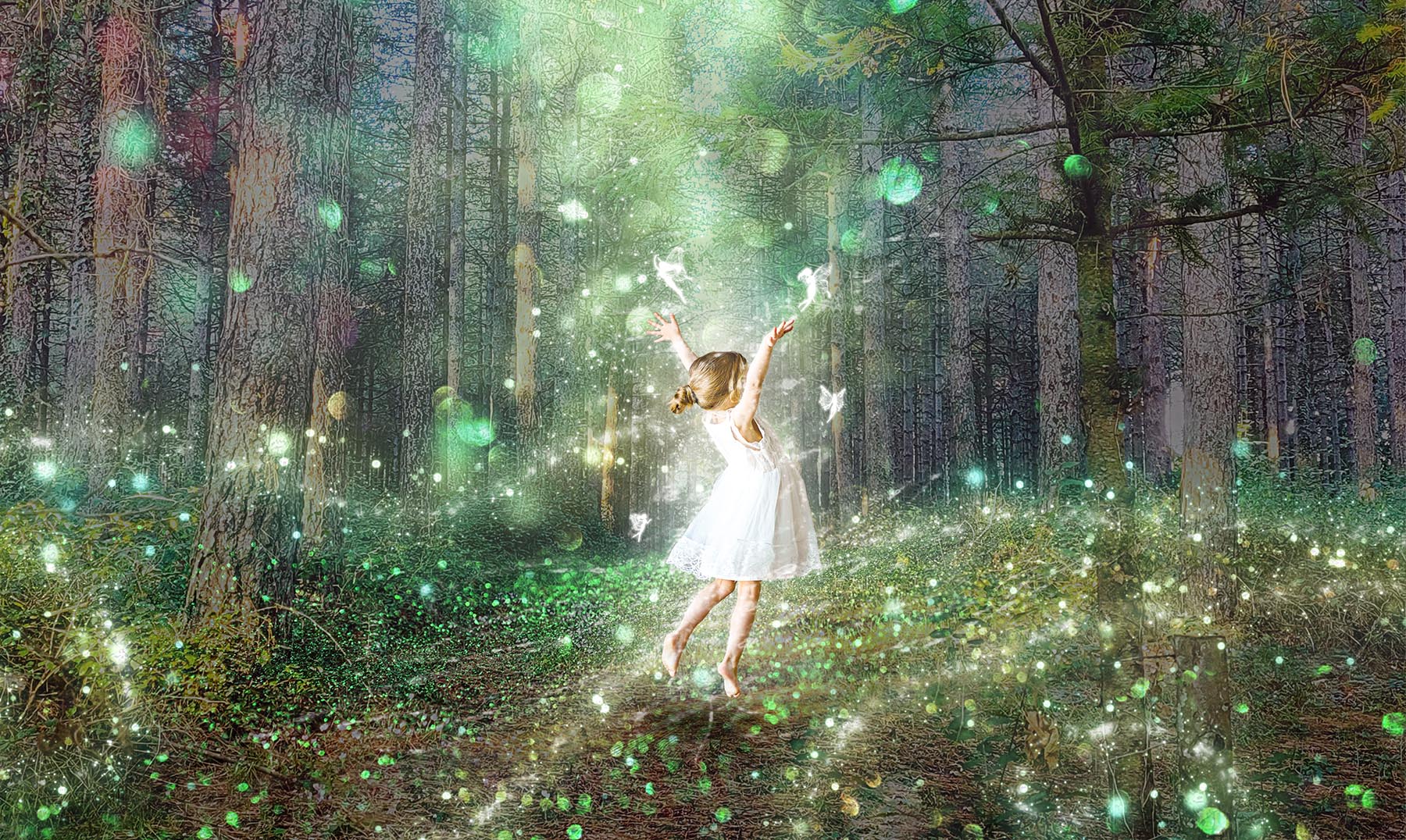 Tableau d'une jeune fille jouant avec des fées dans une forêt